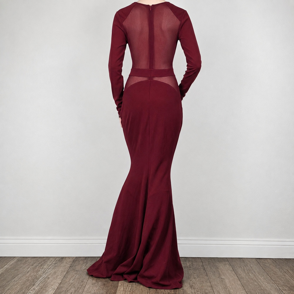 Privy Burgundy Mermaid Gown Sheer Mesh Cutout Long Sleeve Formal Dress